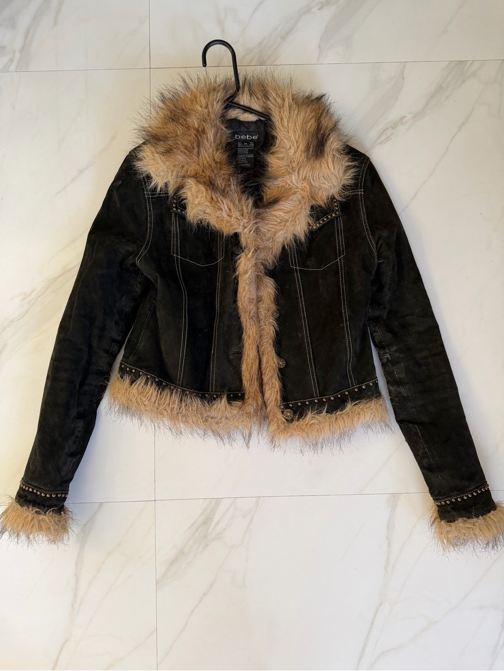 bebe Black Suede Jacket with Tan Faux-Fur Trim - Picture 2 of 4